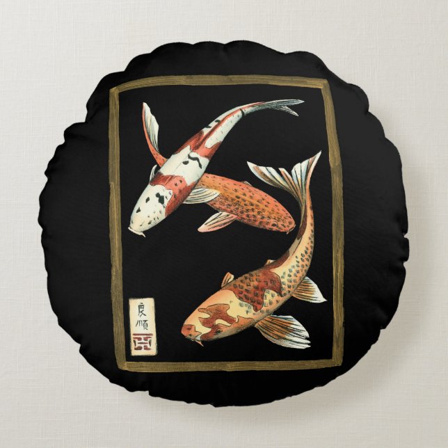 Two Japanese Koi Goldfish on Black Background Round Pillow (Front)