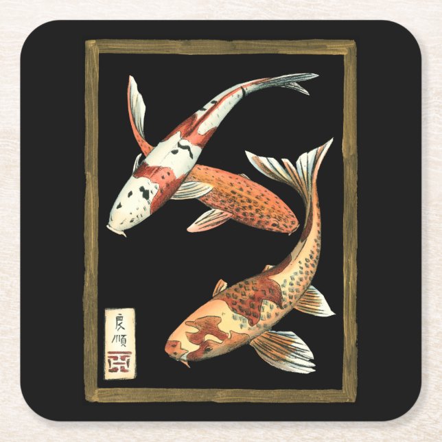 Two Japanese Koi Goldfish on Black Background Square Paper Coaster (Front)