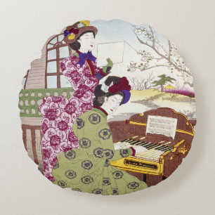 Two Japanese Ladies, C1890 Round Pillow