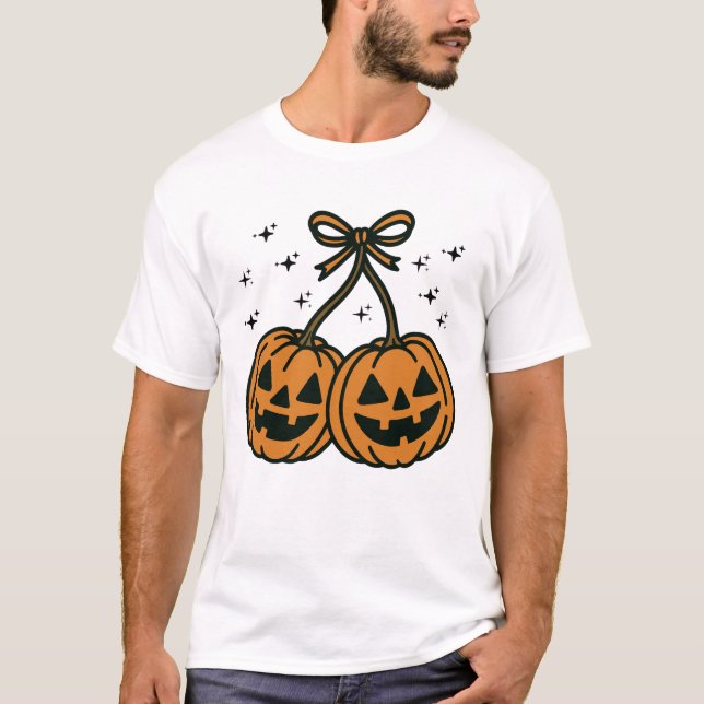 Two Kawaii Jack-O'-Lantern Pumpkins with Bow T-Shirt (Front)