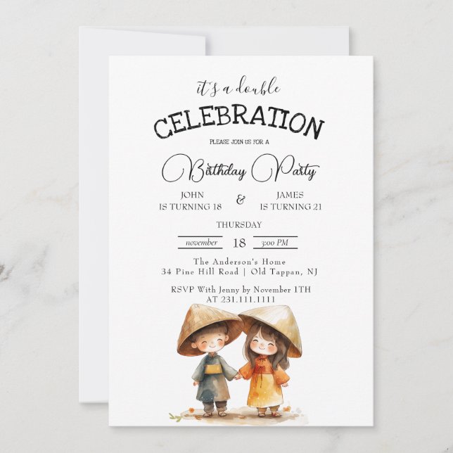 Two Kids Oriental East Asia Double Birthday Party  Invitation (Front)