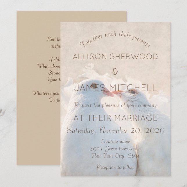 Two kissing white doves invitation (Front/Back)