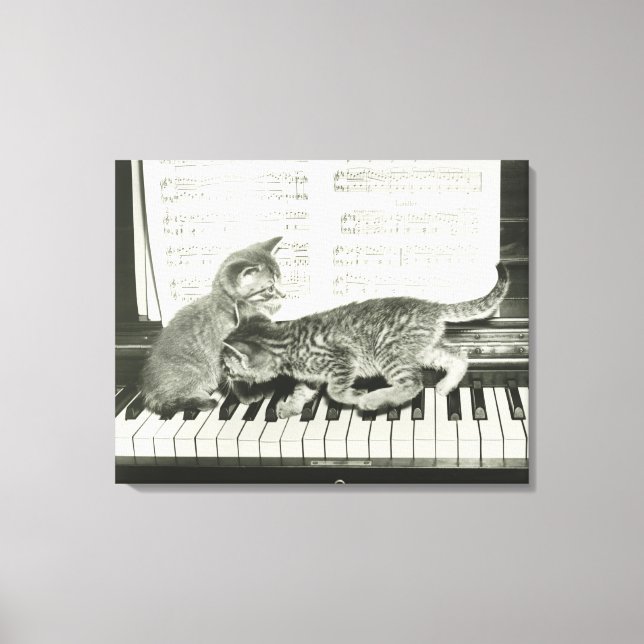 Two kitten playing on piano keyboard, (B&W) Canvas Print (Front)