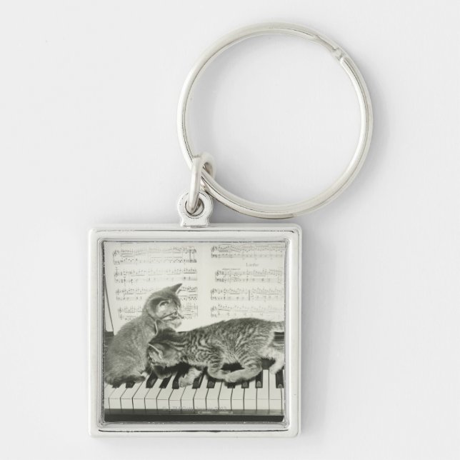 Two kitten playing on piano keyboard, (B&W) Keychain (Front)