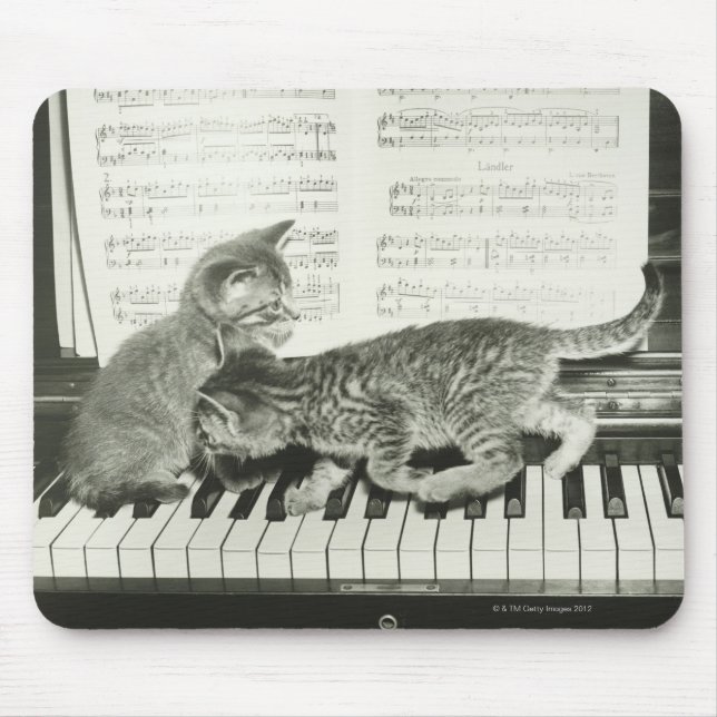 Two kitten playing on piano keyboard, (B&W) Mouse Pad (Front)