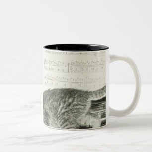 Two kitten playing on piano keyboard, (B&W) Two-Tone Coffee Mug