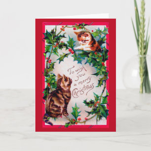 Two Kittens and Christmas Holly Card