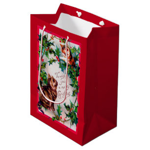 Two Kittens and Christmas Holly Medium Gift Bag