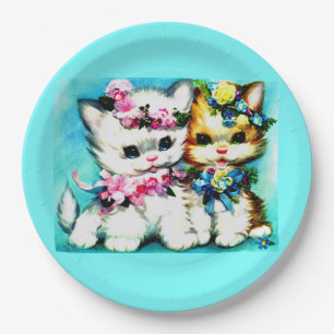 two kittens and lots of flowers paper plate
