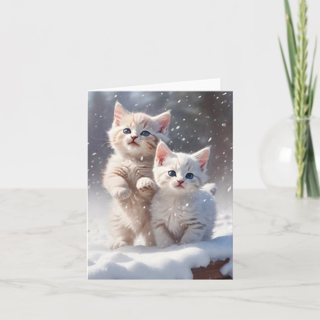 Two Kittens Blue Eyes Playing Snow Blank Greeting Card (Front)
