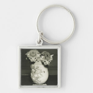 Two kittens hiding in vase, (B&W) Keychain