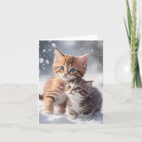 Two Kittens in Snow Winter Cat Art Blank Greeting