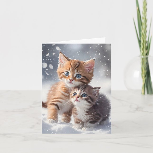 Two Kittens in Snow Winter Cat Art Blank Greeting  Card (Front)
