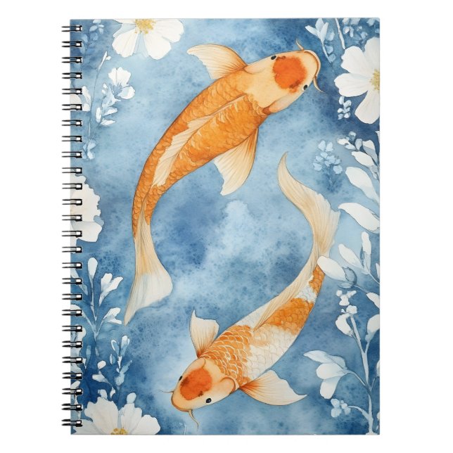 Two koi carp swimming among flowers.  notebook (Front)