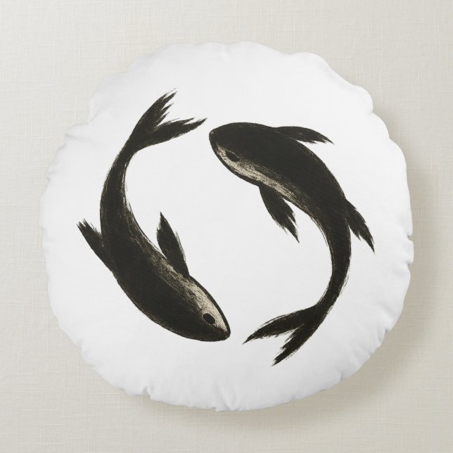 Two Koi – Ink Brush Fish on  Round Pillow (Front)