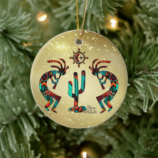 Two Kokoplelli Playing The Flute Ceramic Ornament (Tree)