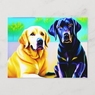 Two labrador dogs on a bench postcard