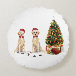 Two Labrador Retrievers Funny Christmas Dog Round Pillow