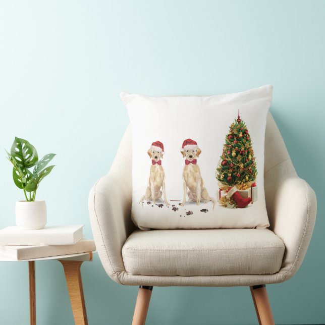 Two Labrador Retrievers Funny Christmas Dog Throw Pillow (Chair)