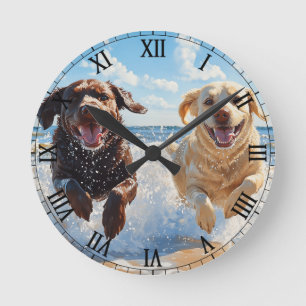Two Labrador Retrievers on Beach Round Clock