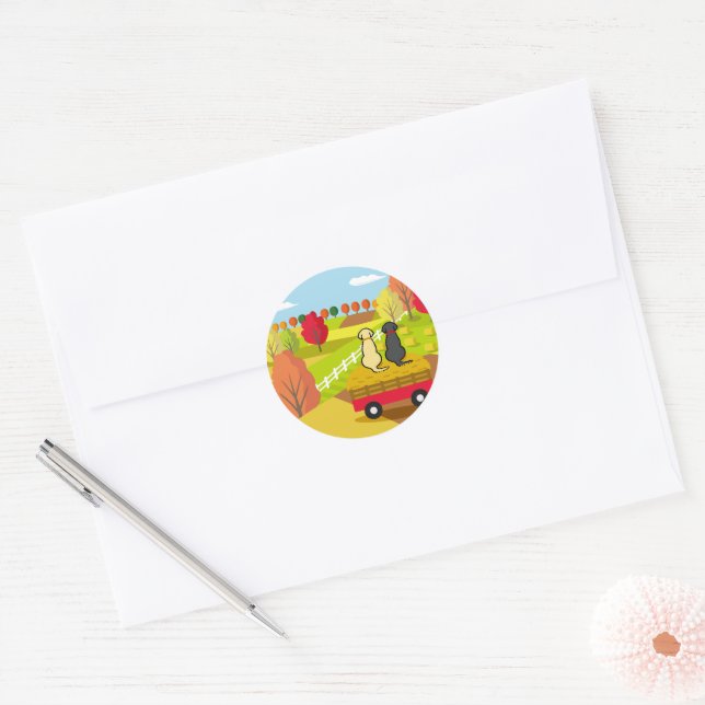 Two Labradors on the hay cart in Fall Postcard Classic Round Sticker (Envelope)