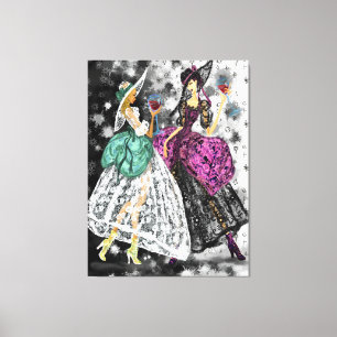 Two Ladies In Black and White Modern Lace Dresses Canvas Print