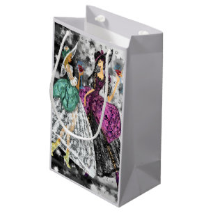 Two Ladies In Black and White Modern Lace Dresses  Small Gift Bag