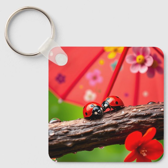 Two Ladybugs Resting on a Twig Keychain (Front)