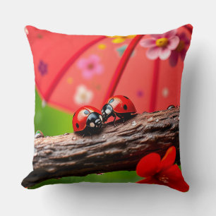 Two Ladybugs Resting on a Twig Throw Pillow