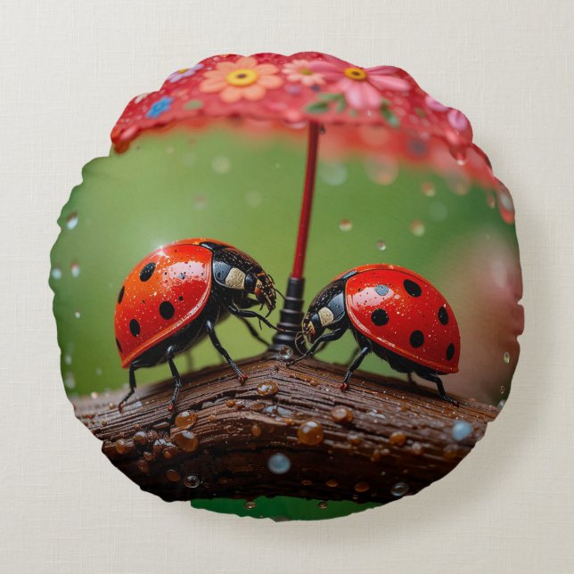 Two Ladybugs Sharing A Raindrop For Cozy Decor 🐞 Round Pillow (Front)