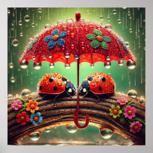Two Ladybugs Under a Decorative Umbrella Poster