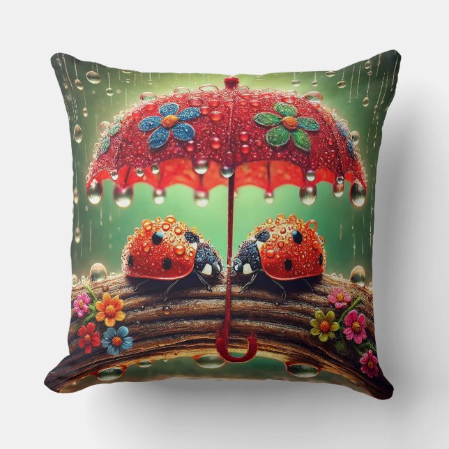 Two Ladybugs Under a Decorative Umbrella Throw Pillow (Front)