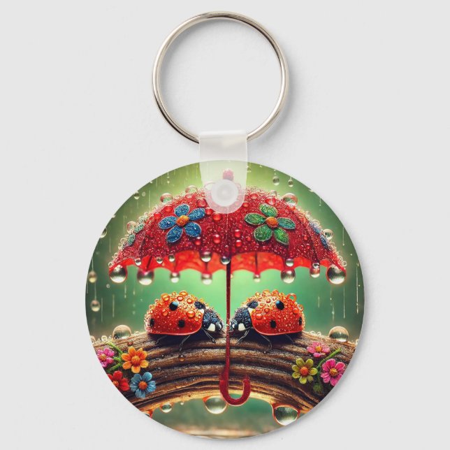 Two Ladybugs Under Umbrella For Lucky Accessories  Keychain (Front)