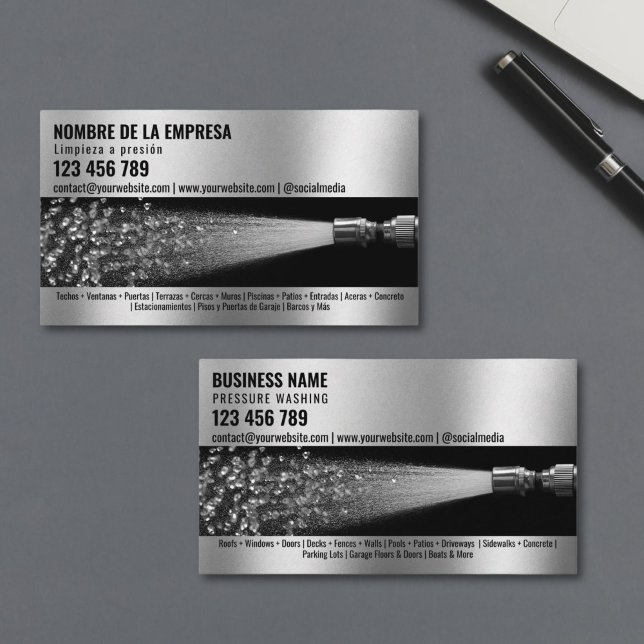 Two Languages Pressure Washing Power Washing Roof Business Card (A water hose spraying out diamonds instead of water, against a black background, high-resolution pho)