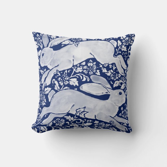 Two Leaping Rabbits Hares Blue Floral Pattern Throw Pillow (Front)