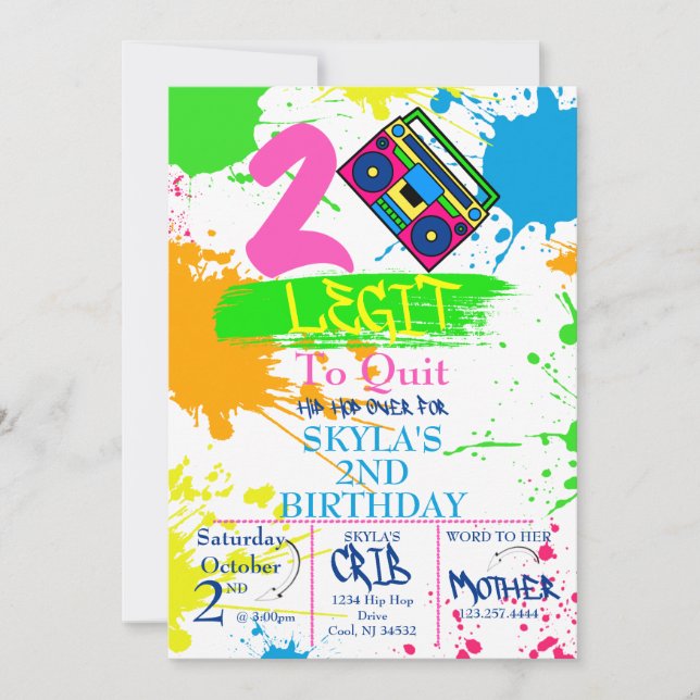 TWO LEGIT TO QUIT 2nd Birthday Colourful Invitatio Invitation (Front)