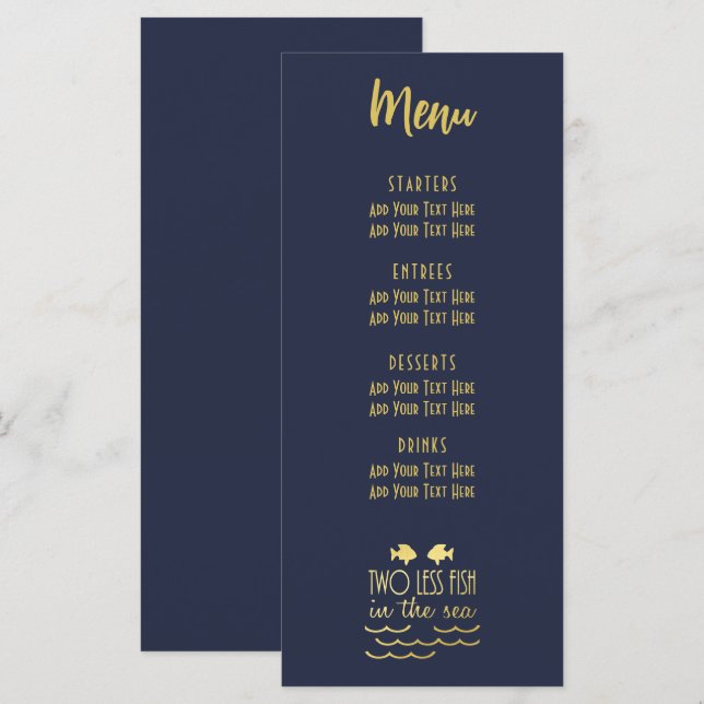Two Less Fish in the Sea Navy Gold Elegant Wedding Menu (Front/Back)