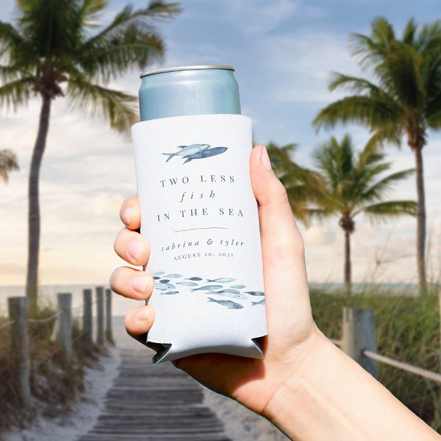 Two Less Fish in The Sea Personalized Wedding Seltzer Can Cooler (Creator Uploaded)