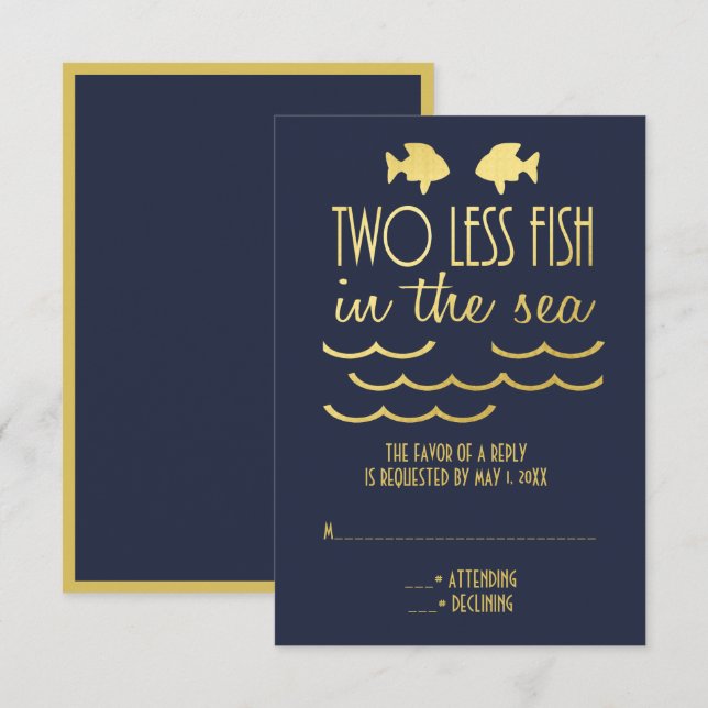 Two Less Fish in the Sea Royal Blue Gold Wedding RSVP Card (Front/Back)