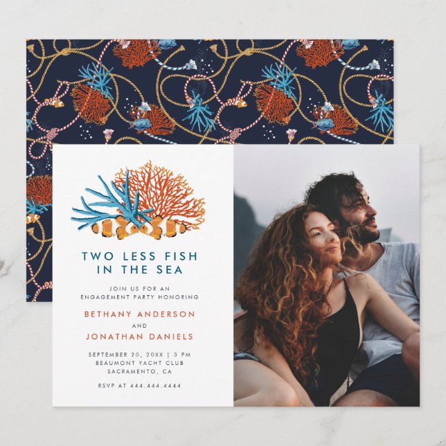 Two Less Fish Nautical Photo Engagement Party Invitation (Front/Back)