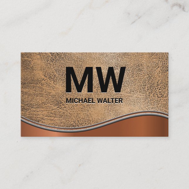 Two Letter Monogram Brown Leather Texture Business Card (Front)