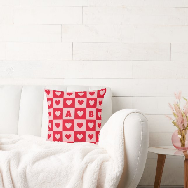 Two Letter Red and Pink Hearts Chequerboard Throw Pillow (Couch)