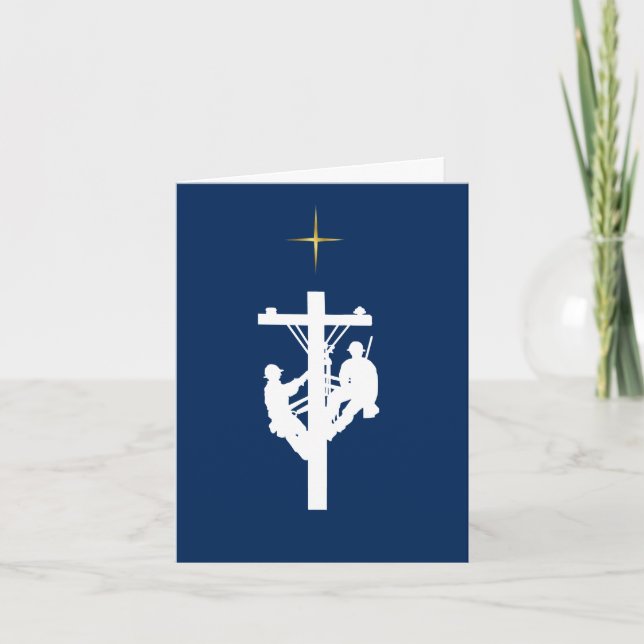 Two Linemen White Silhouette on Poll Xmas Card (Front)