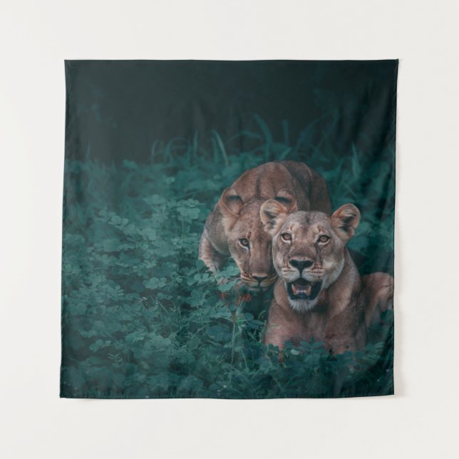 TWO LIONESS ON GREEN PLANTS TAPESTRY (Front)
