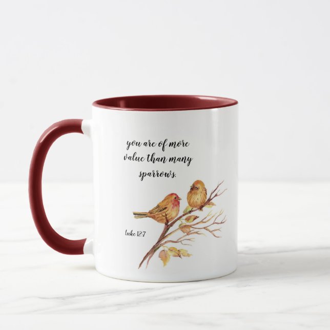 Two Little Bird Sparrows Bible Verse Inspirational Mug (Left)