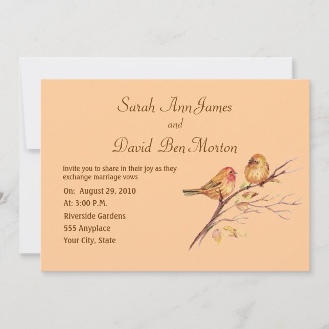 Two Little Bird Sparrows Peach Brown Rustic Nature Invitation (Front)