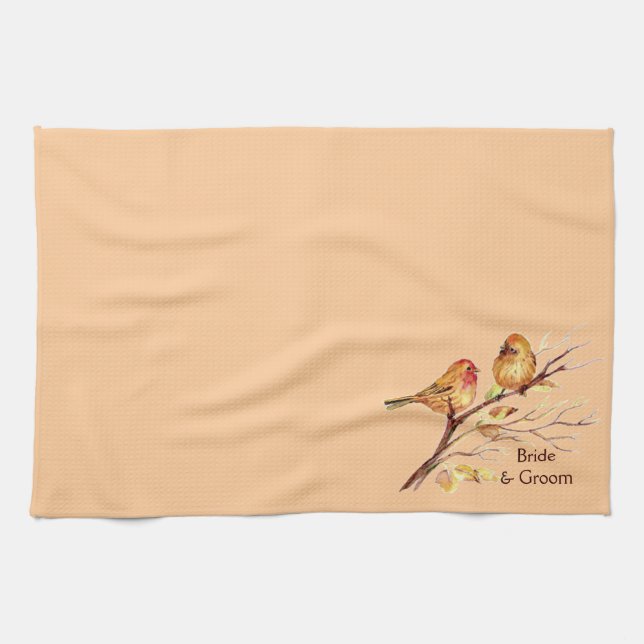 Two Little Bird Sparrows Peach Brown Rustic Nature Kitchen Towel (Horizontal)