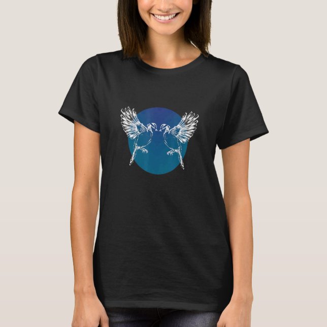Two Little Birds Kissing On Blue Circle T-Shirt (Front)