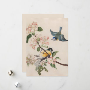 Two little birds near a branch of apple blossoms, holiday card