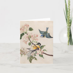 Two little birds near a branch of apple blossoms,  holiday card